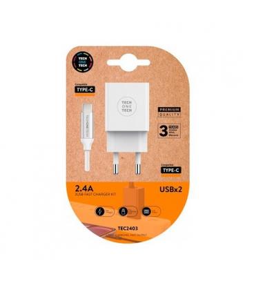 CARGADOR DOBLE CABLE USB-C TECH ONE TECH BLANCO - Imagen 1