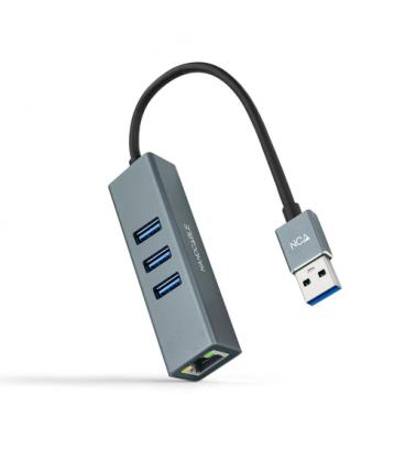 Nanocable Conversor USB 3.0 a Ethernet Gigabit + 3XUSB 3.0, Aluminio, Gris, 15 cm - Imagen 1