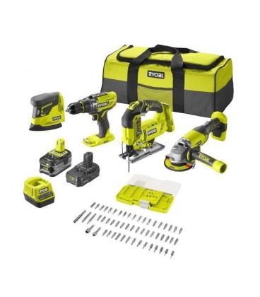 Pack taladro + amoladora + sierra de calar + lijadora ryobi one+ r18ck4f-252s/ 2 baterías 18v 5,0 y 2,0 ah/ cargador 2,0 a/