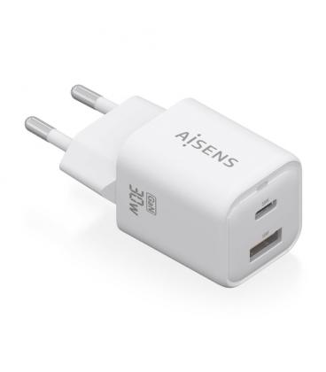 AISENS Cargador Gan 30W, 1xUSB-C PD3.0 QC4.0, 1xUSB-A QC3.0, Blanco