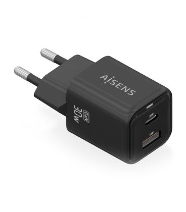 AISENS Cargador Gan 30W, 1xUSB-C PD3.0 QC4.0, 1xUSB-A QC3.0, Negro