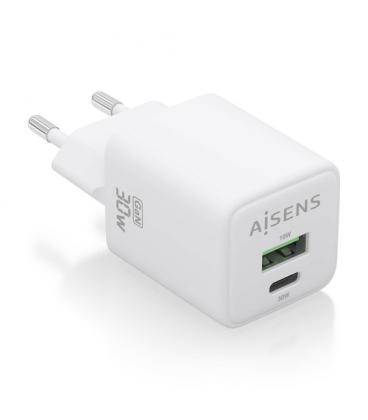 AISENS Cargador Gan 30W, 1xUSB-C PD3.0 QC4.0, 1xUSB-A QC3.0, Blanco