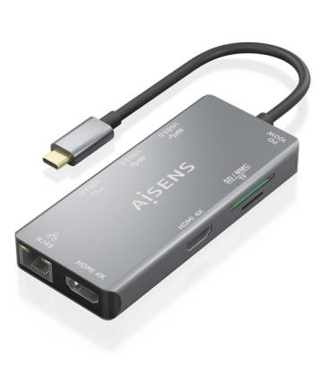 AISENS USB-C Dock 9 En 1, USB-C a 2xHDMI, 1xRJ45, 2xUSB-A USB3.0, 1xUSB-A USB2.0, 1xUSB-C PD, 1xSD, 1xMicro SD, Gris, 15cm