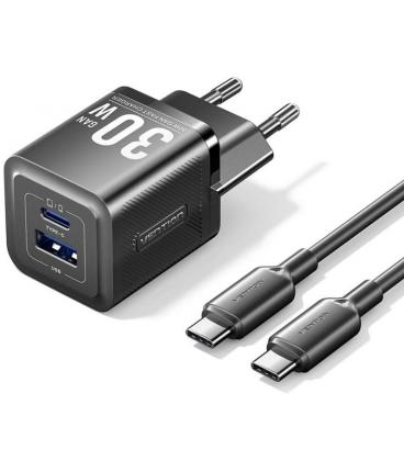 Cargador gan de pared vention tz-feqb0-eu-01/ 1xusb tipo-c/ 1xusb + cable usb tipo-c/ 30w