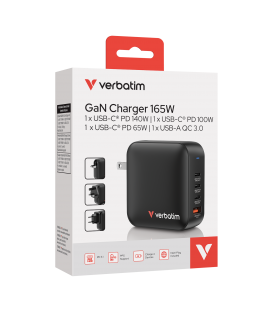 Cargador de Pared Universal Verbatim Mini GaN Wall Charger/ 3xUSB Tipo-C/ 1xUSB/ 165W